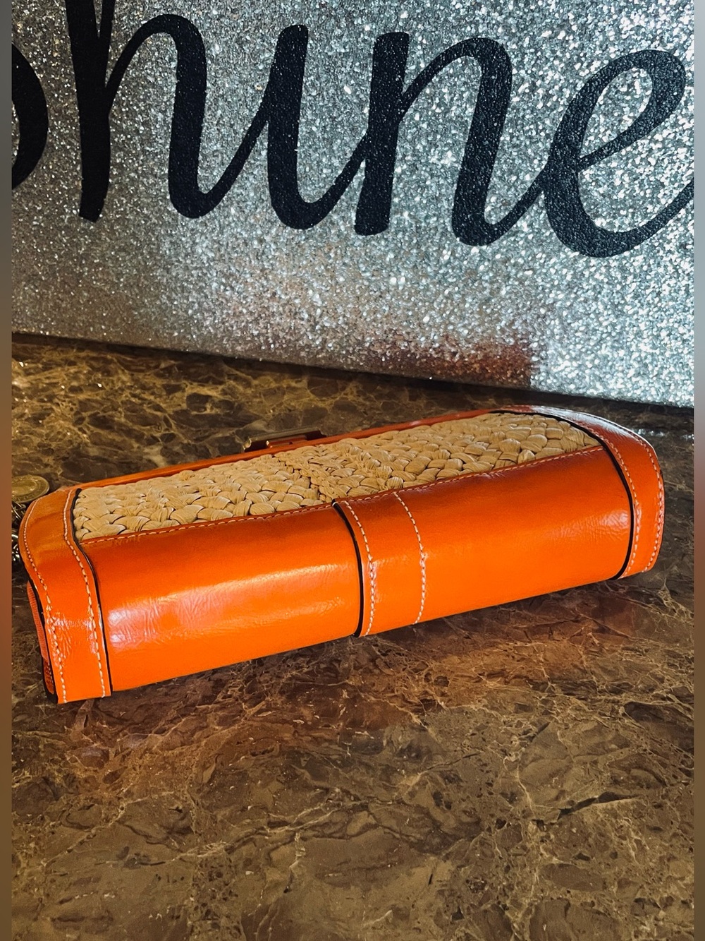 COACH Vintage Orange Straw Leather Minaudière Clutch WITH Motif Chain Bag Charm - Picture 8 of 17